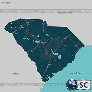 Карта штата Южная Каролина, США - векторный клипарт