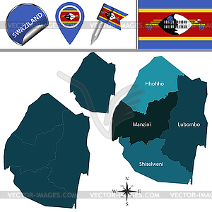 Map of Swaziland with Named Regions - vector clipart