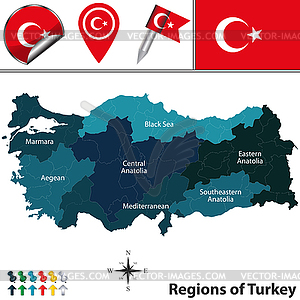 Map of Turkey with Regions - vector clipart