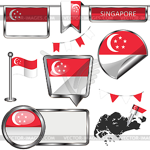 Glossy icons with flag of Singapore - vector image