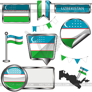 Glossy icons with flag of Uzbekistan - vector clipart