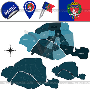 Карта Парижа с именованными административными районами - иллюстрация в векторном формате