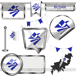 Glossy icons with flag of Busan - vector clipart