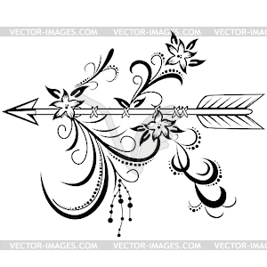 Wooden Arrow with Floral Ornament - white & black vector clipart