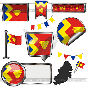 Glossy icons with flag of Birmingham - vector image