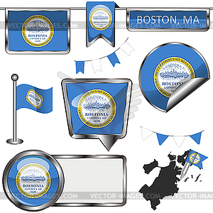 Glossy icons with flag of Boston - vector clipart
