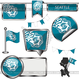 Glossy icons with flag of Seattle - vector clipart