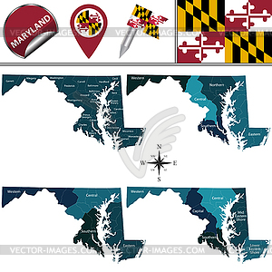 Map of Maryland with Regions - vector clipart