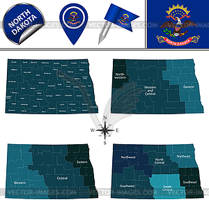 Map of North Dakota with Regions - vector image