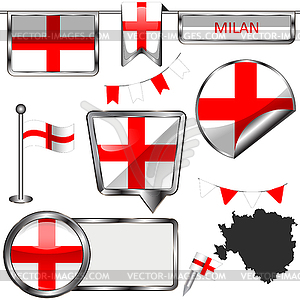 Glossy icons with flag of Milan - vector clipart / vector image