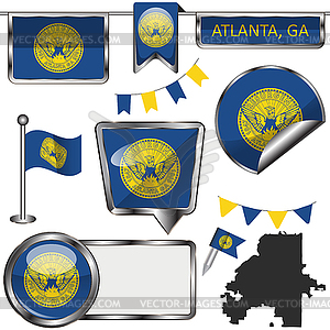 Glossy icons with flag of Atlanta, GA - vector clip art