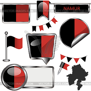 Glossy icons with flag of Namur, Belgium - vector image