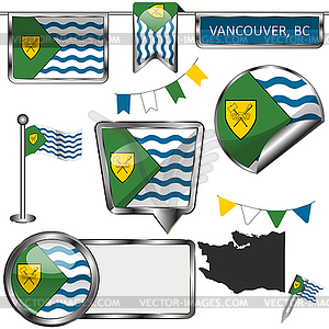 Glossy icons with flag of Vancouver, BC - vector image