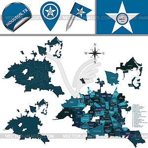 Map of Houston, TX with Neighborhoods - vector clipart