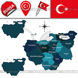 Map of Bursa, Turkey with Districts - vector EPS clipart