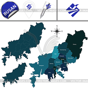 Map of Busan with Districts, South Korea - vector clip art