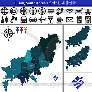 Карта Пусана с районами, Южная Корея - векторный клипарт EPS