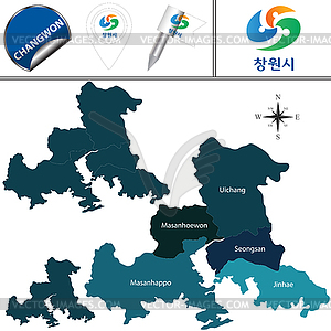 Map of Changwon with Districts, South Korea - vector clipart