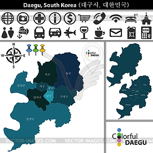 Карта Тэгу с районами, Южная Корея - клипарт в векторном виде