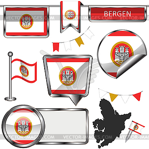 Glossy icons with flag of Bergen, Norway - vector clipart