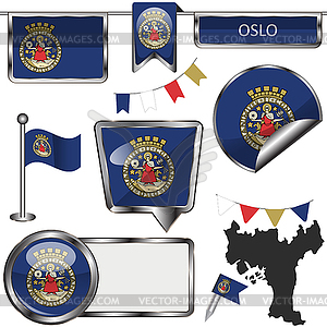 Glossy icons with flag of Oslo, Norway - vector clipart