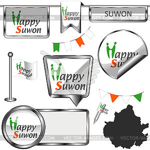 Glossy icons with flag of Suwon, South Korea - vector image