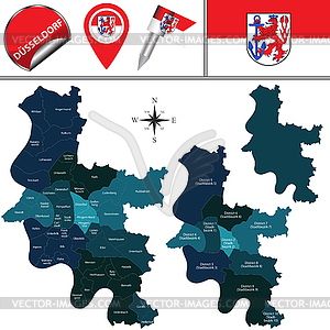 Map of Dusseldorf with Districts, Germany - vector image