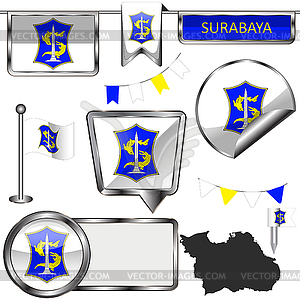 Глянцевые иконки с флагом Сурабая, Индонезия - векторный рисунок