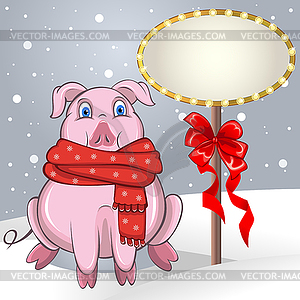 Pig with Retro Billboard - vector clipart