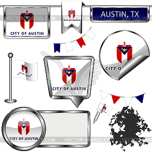 Glossy icons with flag of Austin, TX - vector clip art