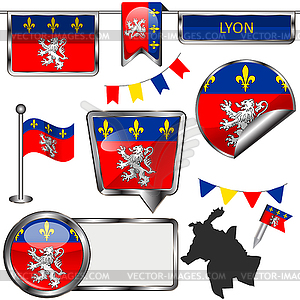 Glossy icons with flag of Lyon - vector image