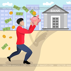 Running Businessman with Piggy Bank - vector clip art