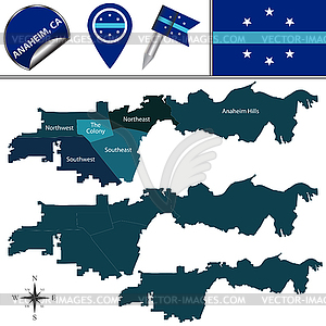 Map of Anaheim, CA with Neighborhoods - vector image