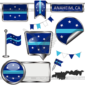 Glossy icons with flag of Anaheim, CA - vector clipart / vector image