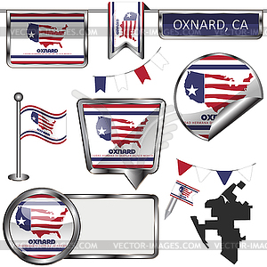 Glossy icons with flag of Oxnard, CA - vector image