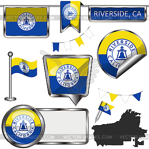 Glossy icons with flag of Riverside, CA - vector image