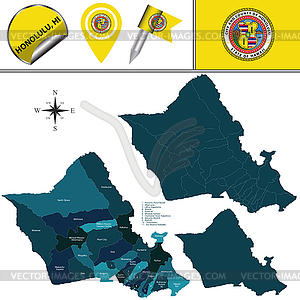 Map of Honolulu, HI with Districts - vector clipart