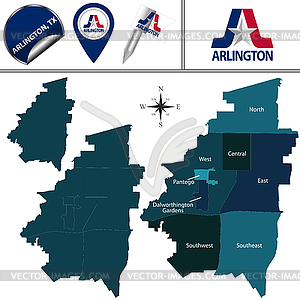 Map of Arlington, TX with Districts - vector clipart