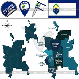 Map of Colorado Springs, CO with Districts - vector image