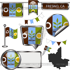 Glossy icons with flag of Fresno, CA - color vector clipart