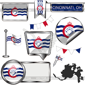 Glossy icons with flag of Cincinnati, OH - stock vector clipart