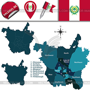 Map of Raleigh, NC with Districts - vector clip art