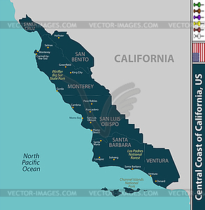 Центральное побережье Калифорнии, США - иллюстрация в векторном формате
