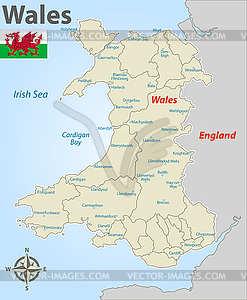 Карта Уэльса с районами - клипарт в векторном виде
