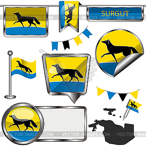 Glossy icons with flag of Surgut - vector clipart