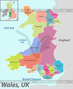Map of Wales with Districts - color vector clipart