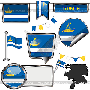Глянцевые иконки с флагом Тюмени - рисунок в векторном формате