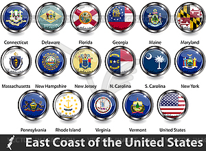 Flags of East Coast Region, US - vector clip art