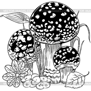 Fly agaric mushrooms - white & black vector clipart