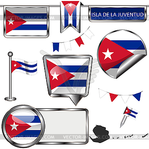Glossy flags of Isla de la Juventud, Cuba - vector image